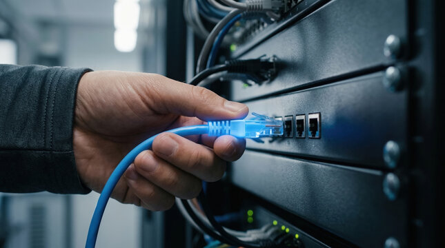 Hand plugging blue ethernet cable into network switch, data center technology, IT professional, secure connection, modern server room