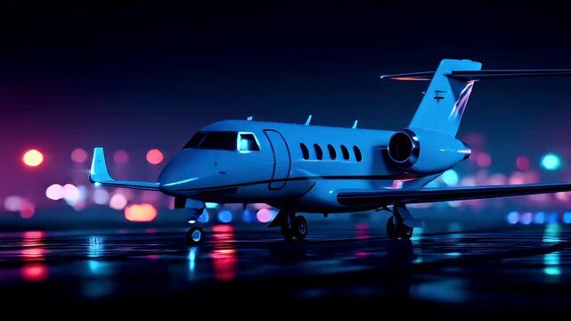 Travel trip journey. A vivid, neonlit depiction of a private jet on a wet runway at night. The jet is positioned in the center of the frame, with its wings spread wide.