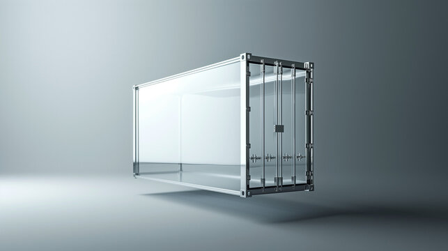 Single geometric 3D shipping container made of clear glass and polished chrome frame floating in light gray studio environment