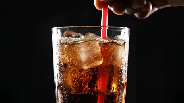 Closeup of a hand stirring a refreshing cola drink with ice cubes and a straw.
