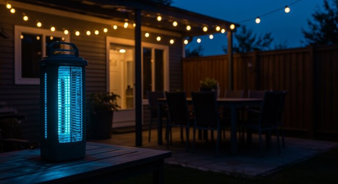 Bug zapper glowing at dusk near porch railing in evening backyard scene