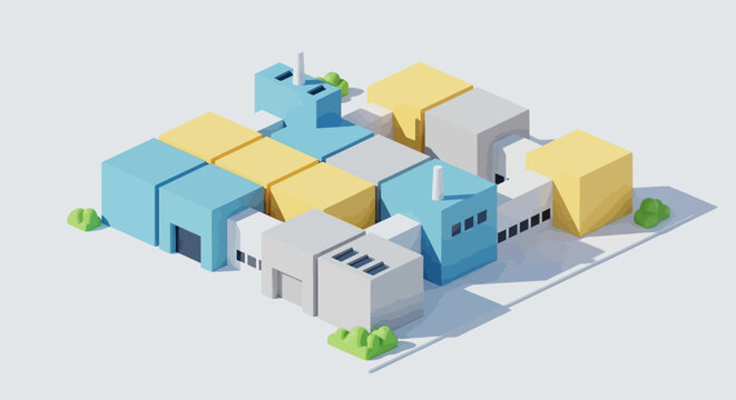 Clean isometric 3D rendering of a modern industrial factory building or production facility, designed with a low poly block style on a white background, representing industry and innovation