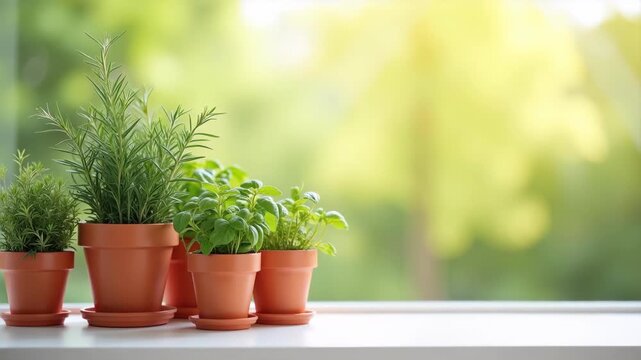Potted herbs on sunny windowsill, fresh green rosemary basil and grass plants in terracotta pots with blurred bright outdoor view, natural indoor garden