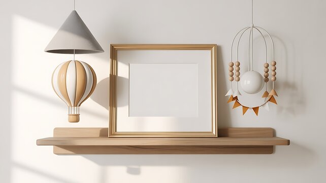 Empty wooden frame on a shelf with hot air balloon decor