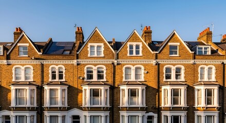 Fototapeta premium windows London heritage exterior chimneys city facades brickwork skylight masonry golden Victorian investment building classic