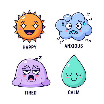 Four cartoon characters representing different emotions happy anxious tired calm.