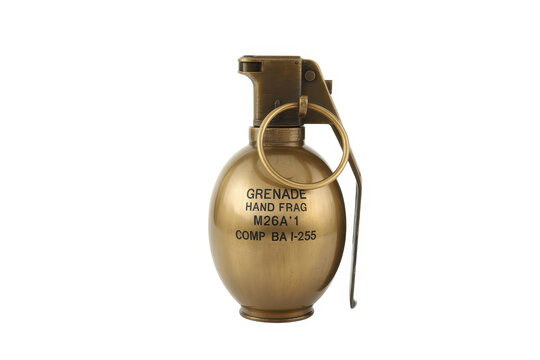 Metallic m26 a1 hand grenade with safety pin and lever isolated on a plain white background