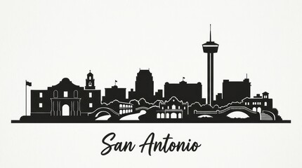 Fototapeta premium Silhouette skyline of San Antonio featuring The Alamo, Tower of the Americas, and riverwalk-inspired architecture. Minimal monochrome, no people. Bottom: 