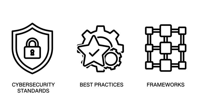 Cybersecurity standards best practices frameworks icons with check mark cybersecurity security standards frameworks cogwheel settings approved verified connection illustration collection