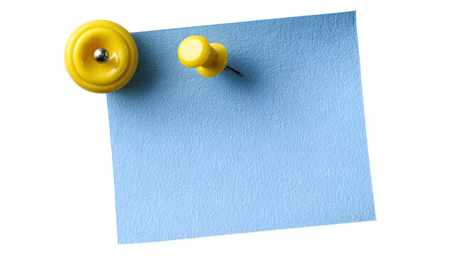 stationery cutout of light blue sticky note pinned with yellow push pin, clean reminder paper with crisp office detail, sharp focus, clean edges high definition, isolated on white background