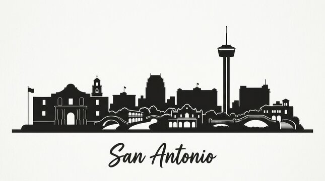 Silhouette skyline of San Antonio featuring The Alamo, Tower of the Americas, and riverwalk-inspired architecture. Minimal monochrome, no people. Bottom: "San Antonio" handwritten font.