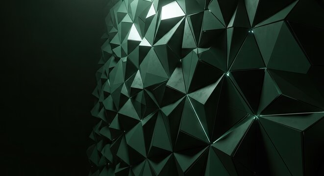 Abstract geometric pattern in emerald green with dim lighting and copy space