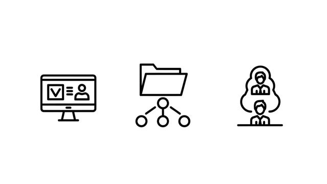 Digital workflow and data management icons with computer checkmark organization hierarchy technology business management information document analysis planning strategy progress software