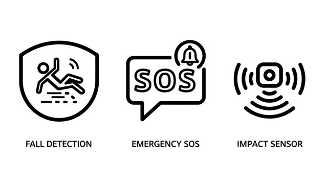 Fall detection sos alert impact sensor icons with elderly care personal safety detection system detection technology flat design detection security emergency assistance accident prevention