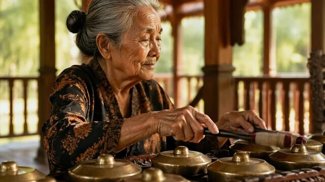 A wise elderly woman with her hair in a bun plays a traditional gamelan instrument, capturing the timeless essence of Indonesian musical heritage within a serene, wooden architectural setting.