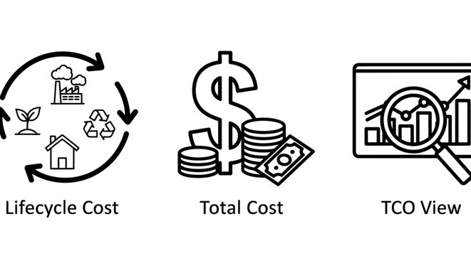 Lifecycle cost total cost and tco view icons representing financial analysis and management magnifying glass analysis management business investment accounting economic lifecycle strategy