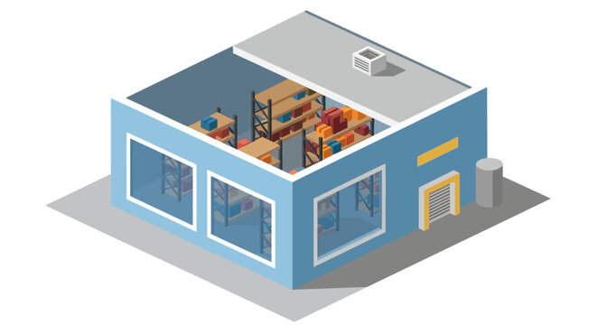 Modern Isometric Commercial Building Illustration. Open roof reveals organized interior storage with shelves and products, ideal for retail, warehouse, or logistics design concepts