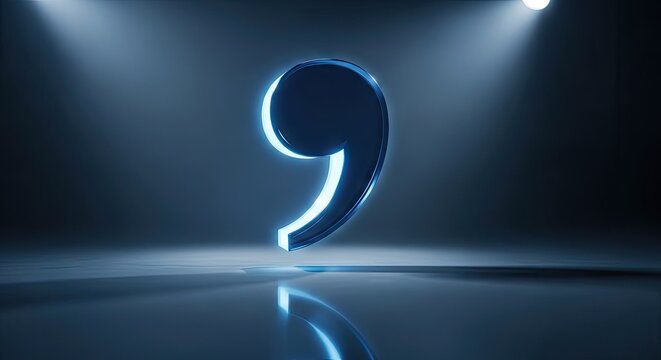 Abstract illuminated comma symbol on dark reflective surface