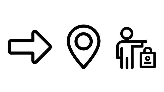 Retail navigation icons including a directional arrow map location pin a person pointing while carrying a shopping bag line art shopping center shopping navigation location customer