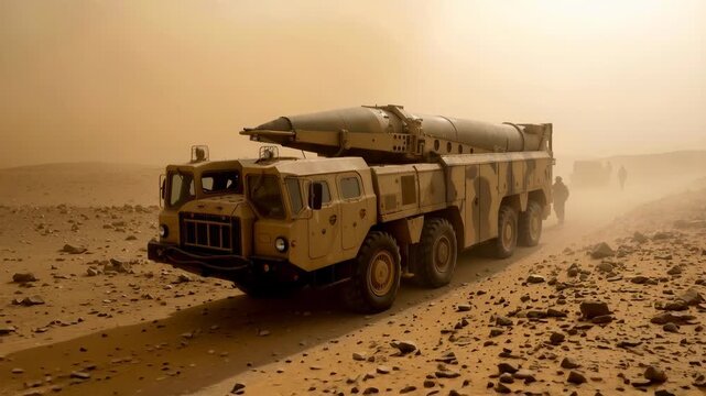 Scud missile launcher vehicle moving through desert sandstorm. Military convoy with soldiers walking in hazy arid environment. Panning camera shot.