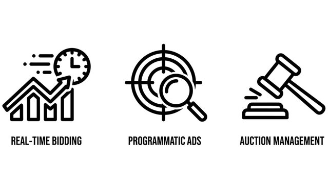 Digital marketing and advertising icon set illustrating real-time bidding programmatic ads with target search auction management with a gavel symbol marketing advertising programmatic