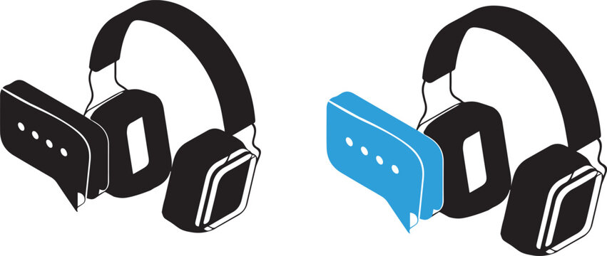 Isometric tech support icon set with headset and chat bubble silhouette
