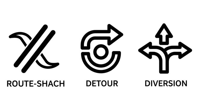 Navigation and traffic direction line icon set including road route planning detour with u-turn arrow and diversion for alternative path guidance and highway infrastructure management, navigation