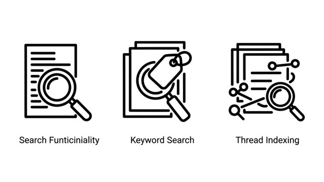 Digital search functionality and data indexing line icon set showcasing keyword lookup folder analysis and thread indexing for digital content retrieval and metadata organization with magnifying