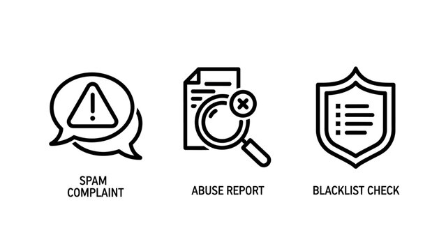 Web security and moderation icon set for spam complaint abuse report and blacklist check verification tools used in email filtering and internet safety management with complaint blacklist security