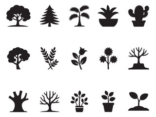 Minimalist tree and vegetation silhouette icons for eco-friendly branding © rakibul_hridoy