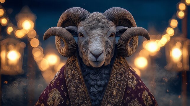Fantastical salah ram human hybrid with prominent, curved horns, seemingly dressed in a patterned garment or cozy sweater and hanging lanterns