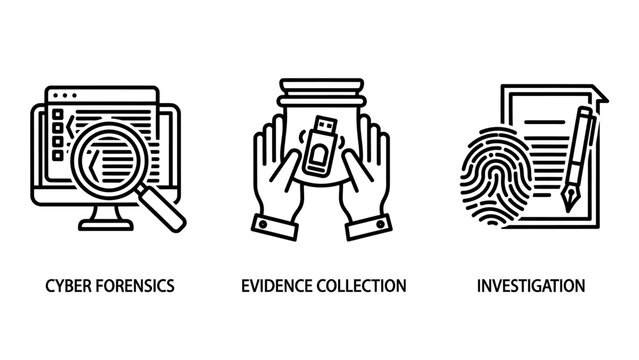 Professional cyber forensics and investigation icons showcasing digital evidence collection fingerprint analysis computer security protocols forensics investigation evidence collection