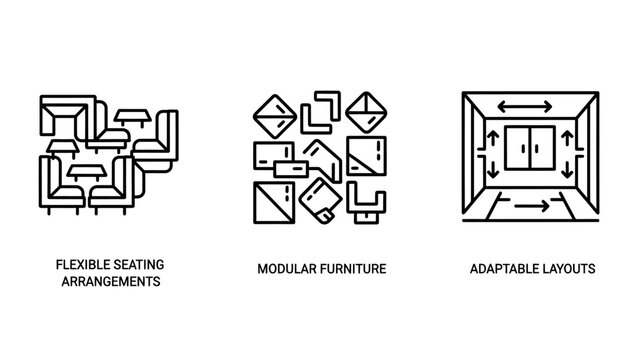 Flexible office interior design and modular furniture layout icons set showing adaptive floor plans with furniture interior flexible arrangement adaptable workplace architecture floorplan