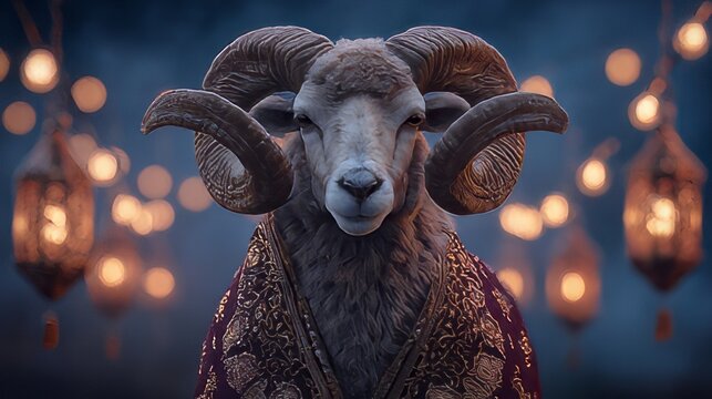 Fantastical salah ram human hybrid with prominent, curved horns, seemingly dressed in a patterned garment or cozy sweater and hanging lanterns