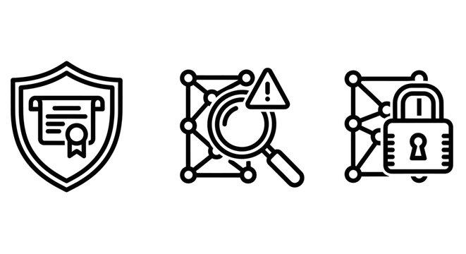 Cybersecurity network protection icons featuring certificate shield network vulnerability scanning and encrypted data padlock symbols for internet safety security protection certificate encrypted