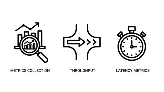 Data performance metrics icons including collection analysis throughput and latency metrics with stopwatch and chart symbols for network monitoring collection throughput performance analysis