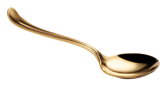 tableware cutout of elegant golden spoon, polished metal utensil with refined dining detail, sharp focus, clean edges high definition, isolated on white background
