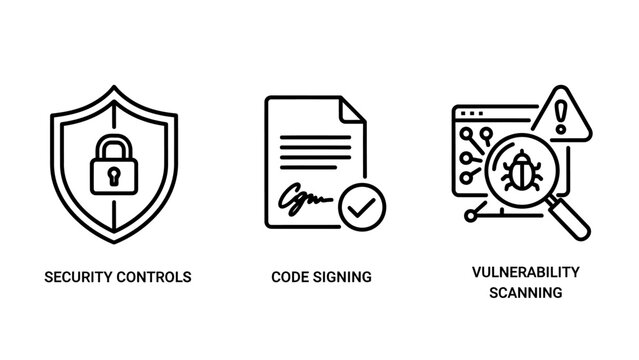 Cyber security control and software vulnerability scanning icons with security software vulnerability scanning protection authentication encryption information internet verification analysis