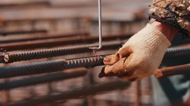 Worker tying steel rebar grid with wire at construction site close up