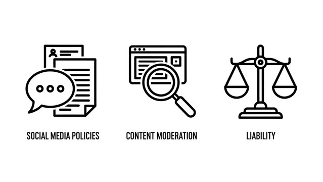 Set of linear business and legal icon illustrations for social media policies content moderation and liability with moderation liability compliance regulation business document magnifying