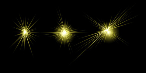 Fototapeta premium Three bright yellow light flares on dark background isolated on white background, Vector, illustration