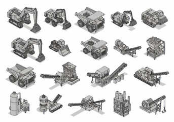 Collection of Isometric Construction and Industrial Vehicles and Machinery. © berkah nikah