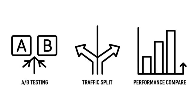 B testing traffic split and performance comparison marketing analytics icons with analytics performance comparison marketing optimization business statistics conversion experiment strategy
