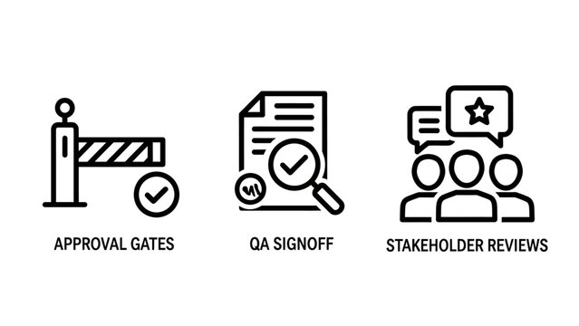Approval gates qa signoff and stakeholder reviews business process management icons with approval stakeholder business management assurance document agreement collaboration teamwork feedback