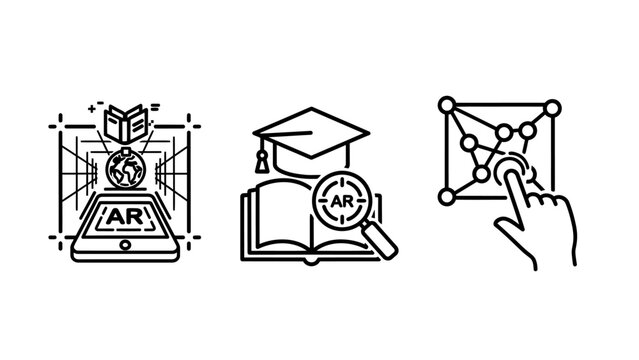 Augmented reality educational and digital interaction line icon set with augmented education technology interactive learning innovation graphical interface academic knowledge research