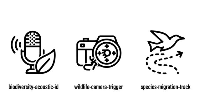 Set of biodiversity research and wildlife monitoring icons featuring acoustic identification camera trap trigger bird species migration tracking symbols biodiversity wildlife monitoring