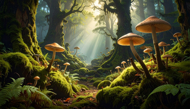 Hutan ajaib, jamur, sinar matahari, dongeng