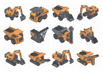 Collection of isometric construction vehicles and heavy machinery. © berkah nikah
