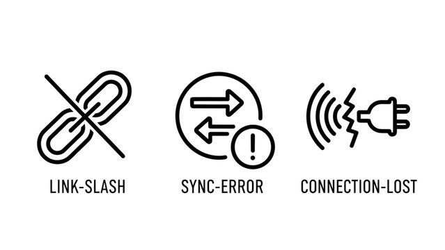 Set of network connection and sync error status line icons with connection internet communication disconnected transfer exchange technology interface isolated infrastructure transmission