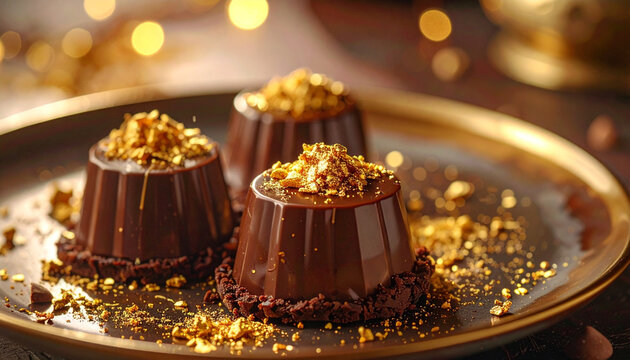 Chocolate dessert with gold topping on plate
